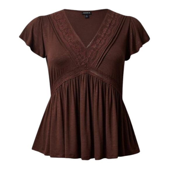 Torrid Chocolate Brown Knit V-Neck Lace Inset Babydoll Top Shirt Plus Size 3 3X - Picture 10 of 12